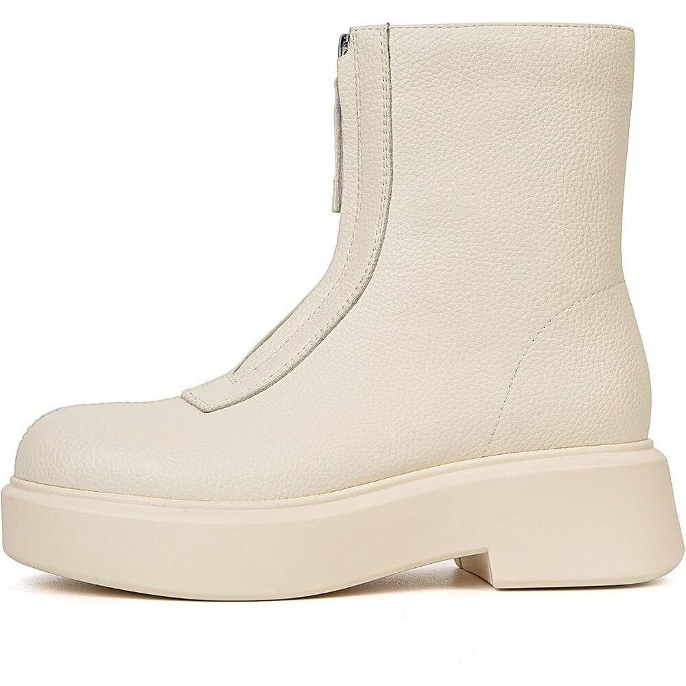Women's White Leather Platform Chelsea Boots Front Zip Chunky Combat Bootie - Picture 6 of 6